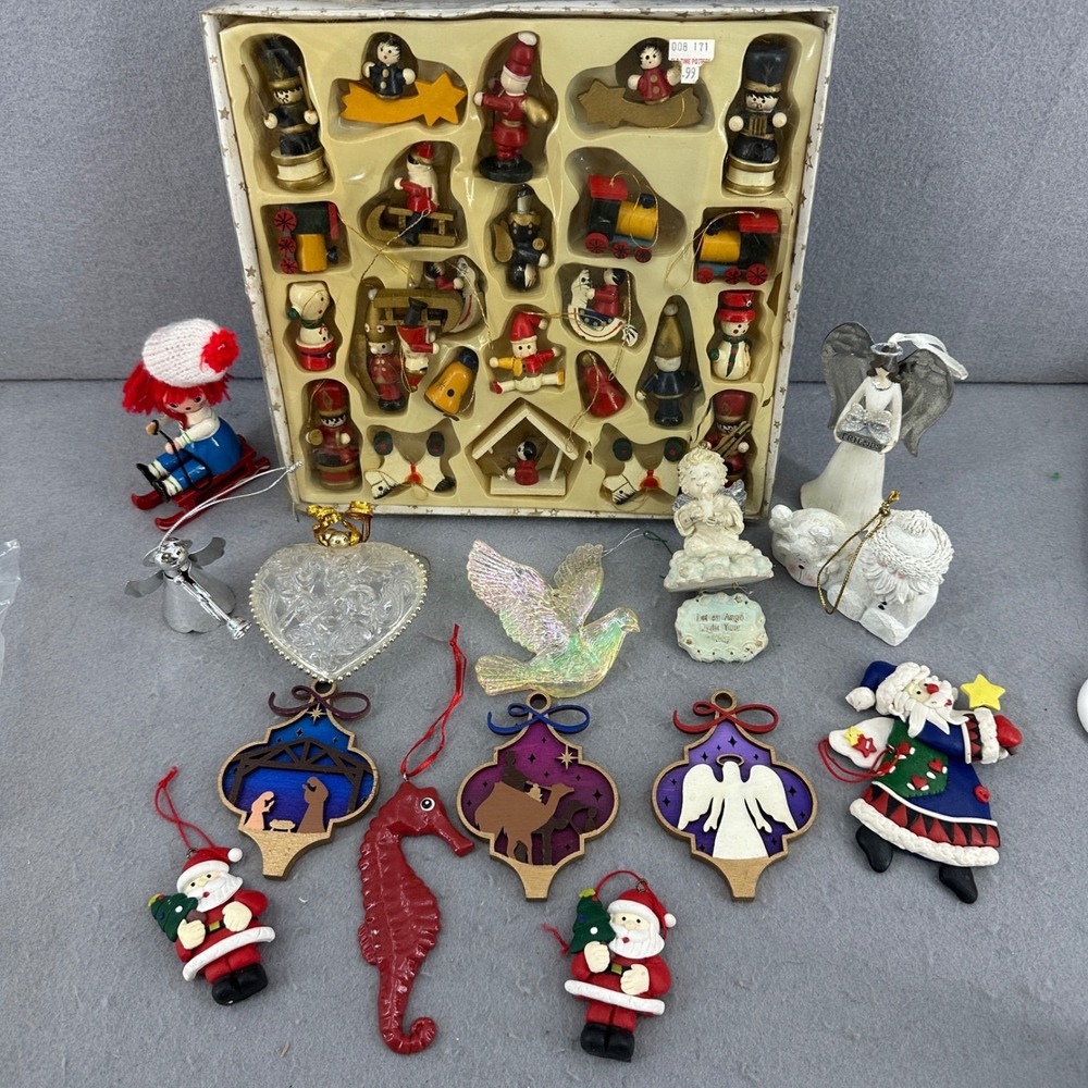 Vintage Christmas Ornament Lot Wooden Plastic Ceramic